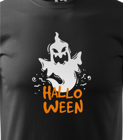 Detaliu Tricou Halloween White Ghost (Fantomă Albă) pe tricou negru [2]