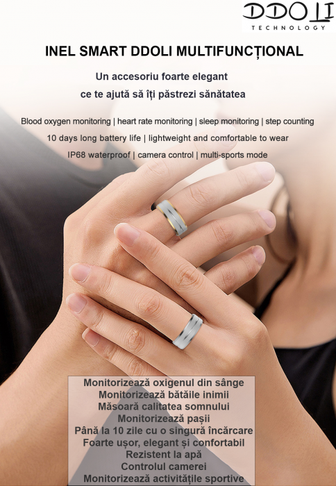 Inel smart inteligent DDOLI®, ultra-usor 2.9g, monitorizare somn, calorii, activitati fitness, ritm cardiac, oxigen din sange, rezistent la apa [3]