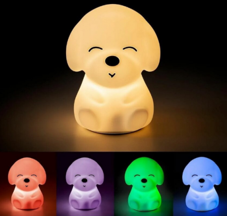 CADOURI - Lampa de veghe Catelus DDOLI®, Silicon fara BPA, USB, LED, 5 culori diferite, Portabila, Alb