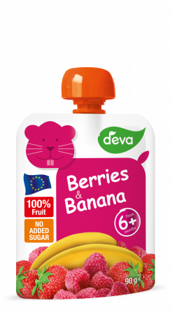 Piureuri bebelusi de la 6 luni - Gustare cu zmeura, capsuna, mar si banana 90g