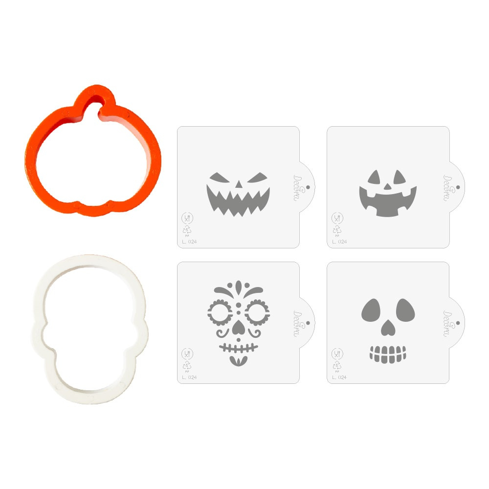 Decupatoare Plastic Halloween - Dovleac si Craniu 6 - 7.2 x 7 - 8 x H 2.2 cm + 4 Sabloane [4]