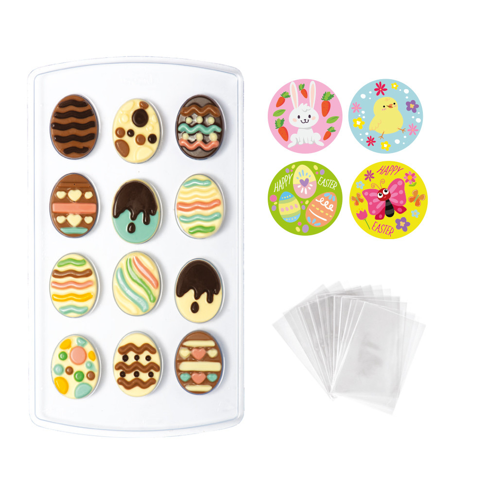 Praline / Decoruri Ciocolata, Oua Paste Ø 1.5 x H 2.6 cm - Set Matrita Plastic si Accesorii Ambalare [1]