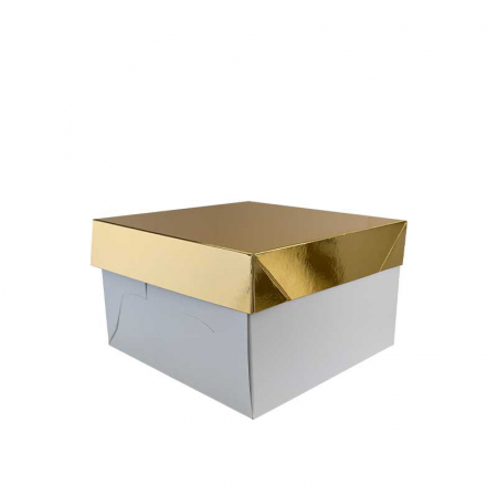 Ambalaje, Etichete, Suporturi - Cutie Patrata Desert / Tort, Carton Alb / Capac Auriu, 24 x 24 x H 15 cm