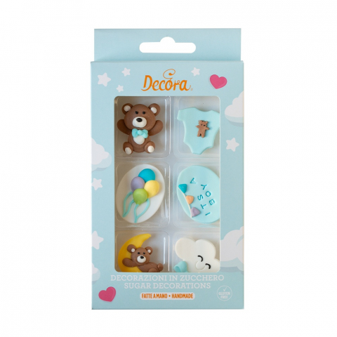 Figurine din Zahar - Decor Zahar - Baby Boy (Nor, Luna, Ursulet, Baloane, Body, Mesaj) 3-4 cm, 6 modele, 6 buc