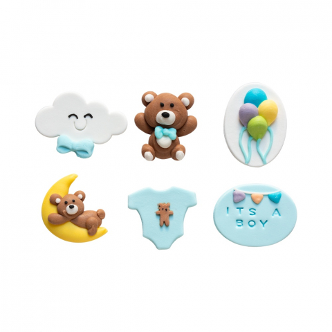 Figurine din Zahar - Decor Zahar - Baby Boy (Nor, Luna, Ursulet, Baloane, Body, Mesaj) 3-4 cm, 6 modele, 6 buc