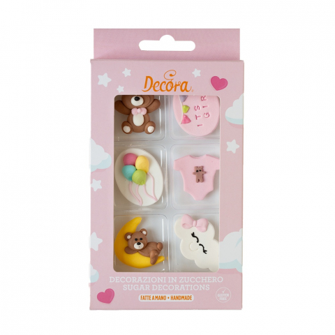 Figurine din Zahar - Decor Zahar - Baby Girl (Nor, Luna, Ursulet, Baloane, Body, Mesaj) 3-4 cm, 6 modele, 6 buc
