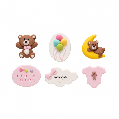 Figurine din Zahar - Decor Zahar - Baby Girl (Nor, Luna, Ursulet, Baloane, Body, Mesaj) 3-4 cm, 6 modele, 6 buc