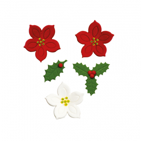 Decoratiuni Comestibile, Decor Tort - Decor Zahar - Floare de Craciun si Illex, Ø 3 - 4 cm, 6 buc