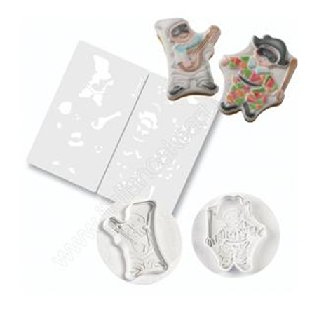 Cofetarie - Ustensile - Pulcinella si Arlechin - Decupatoare Plastic cu Extractor si Sablon Decor Ø 9 cm , Set 4 Buc