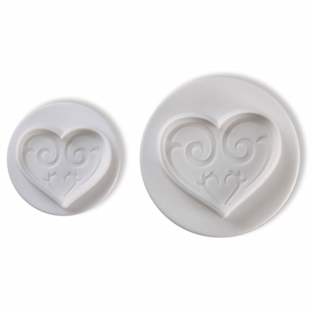 Cofetarie - Ustensile - Inima Decorata - Decupatoare Plastic cu Extractor Ø 4 - 6 cm, Set 2 Buc