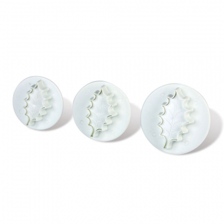 Ustensile Decor Pasta de Zahar - Frunze Ilex 1 Petala - Decupatoare Plastic cu Extractor Ø 2, 3 si 3.5 cm, Set 3 Buc