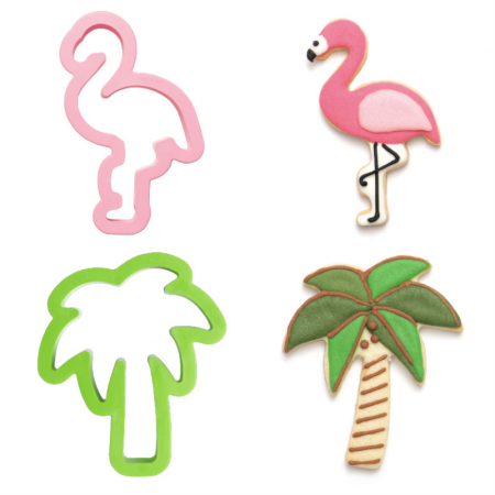 Cofetarie - Ustensile - Palmier si Flamingo - Decupatoare Plastic Ø 9.5 si 10 x H 2.2 cm, Set 2 Buc
