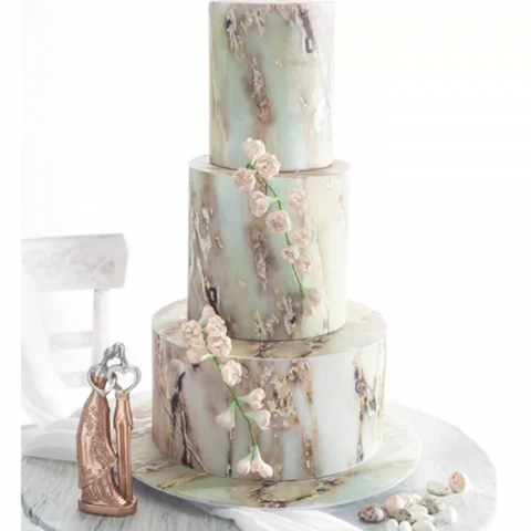 Decoratiuni Comestibile, Decor Tort - Pasta Zahar imprimata, Nunta Model Marmorat Roz si Auriu, 60x41 cm, Set 4 Buc