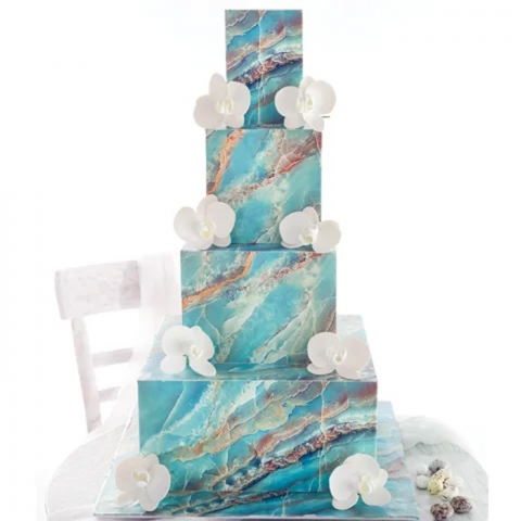 Decoratiuni Comestibile, Decor Tort - Pasta Zahar imprimata, Nunta Model Marmorat Turcoise, 60x41 cm, Set 4 Buc