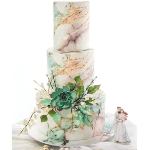 Decoratiuni Comestibile, Decor Tort - Pasta Zahar imprimata, Nunta Model Marmorat Verde si Auriu, 60x41 cm, Set 4 Buc