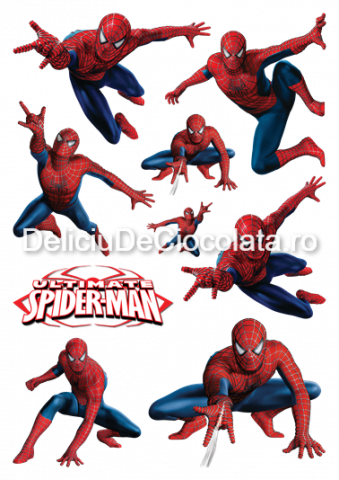 Personaje Celebre si Cinema - Pasta Zahar imprimata SpiderMan Model 3, 9 Decoruri Ø 4 - 12cm, A4