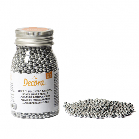 Decoratiuni Comestibile, Decor Tort - Perle Argintii Metalizat din zahar, Ø 4mm, 100 g