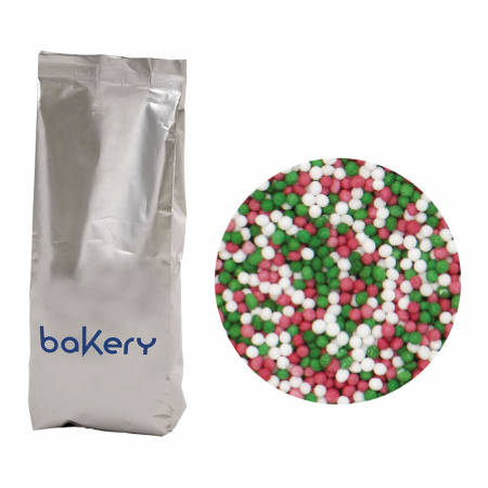 Decoratiuni Comestibile, Decor Tort - Perle Zahar Colormix Ø 1.5mm - Alb, Verde si Rosu, 1 Kg