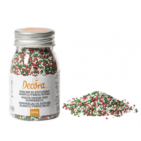Decoratiuni Comestibile, Decor Tort - Perle Zahar Colormix Ø 1.5mm - Alb, Verde si Rosu, 100 gr