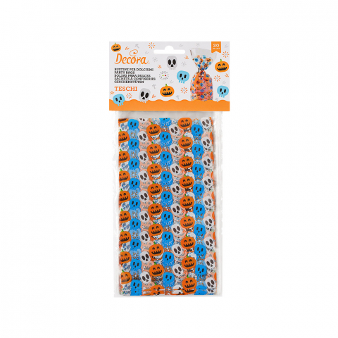 Ambalaje Bomboane, Prajituri, Torturi - Pungi S cu Baza, Celofan cu Model Haloween, 12.5 x 3 x H 24 cm, Set 20 Buc