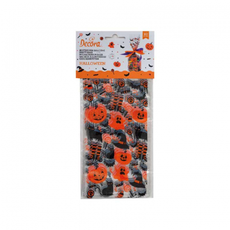 Ambalaje, Etichete, Suporturi - Pungi S cu Baza, Celofan cu Model Haloween, 12.5 x 3 x H 24 cm, Set 20 Buc 