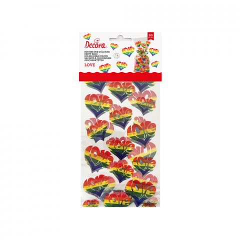 Pungi si Clipsuri Inchidere Pungi - Pungi S cu Baza, Celofan cu Model Love, 12.5 x 3 x H 24 cm, Set 20 Buc