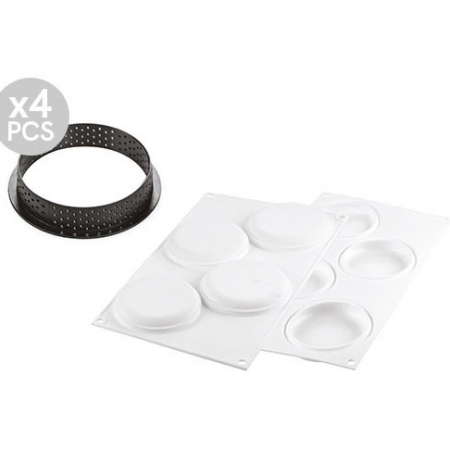 Forme Silicon pentru Torturi si Prajituri - Set Tarte Ø 10 cm, 4 Rame Microforate + Forma Silicon 4 cavitati