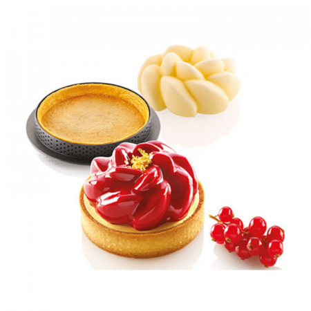 Forme de Silicon Cofetarie - Set Tarte Ø 8 cm Floare, 6 Rame Microforate + Forma Silicon 6 Cavitati