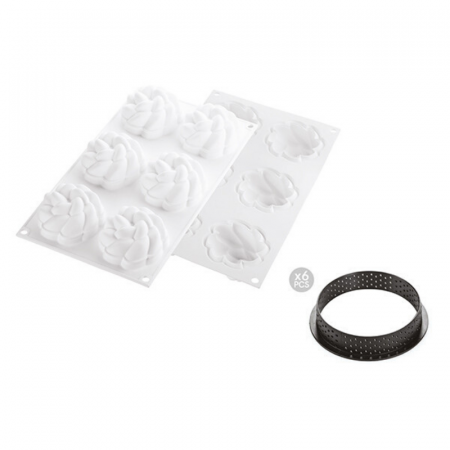 Forme de Silicon Cofetarie - Set Tarte Ø 8 cm Floare, 6 Rame Microforate + Forma Silicon 6 Cavitati