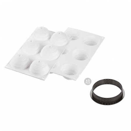 Forme Silicon pentru Torturi si Prajituri - Set Tarte Ø 8 cm Montblanc, 6 Rame Microforate + Forma Silicon 6 Cavitati