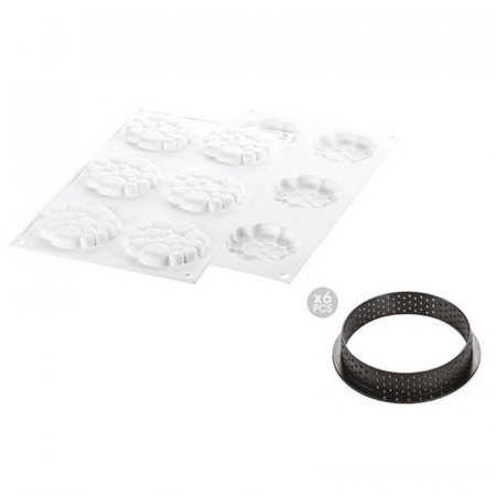 Forme Silicon pentru Torturi si Prajituri - Set Tarte Ø 8 cm Paradis, 6 Rame Microforate + Forma Silicon 6 cavitati