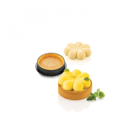 Forme Tarte Moderne - Set Tarte Blossom Ø 7 x H 2 cm, 8 Rame Microforate + Forma Silicon 8 cavitati