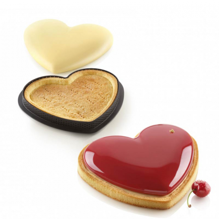 Forme Silicon pentru Torturi si Prajituri - Set Tarte Inima 20.5 x 19 x H 2 cm, 1 Rama Microforata + Forma Silicon 460 ml