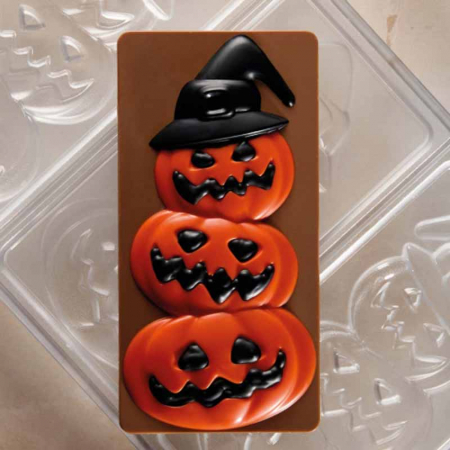 Ciocolaterie - Matrite, Ustensile - Tablete Ciocolata 15.4 x 7.7 x H 1.5 cm - Matrita policarbonat Halloween, 3 cavitati