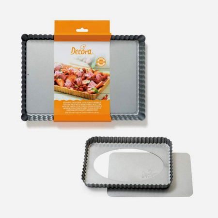 Cofetarie - Ustensile - Tava Tarta cu Margini Festonate si Baza Detasabila, 32 x 22 x H 3.5 cm, Otel Antiaderent