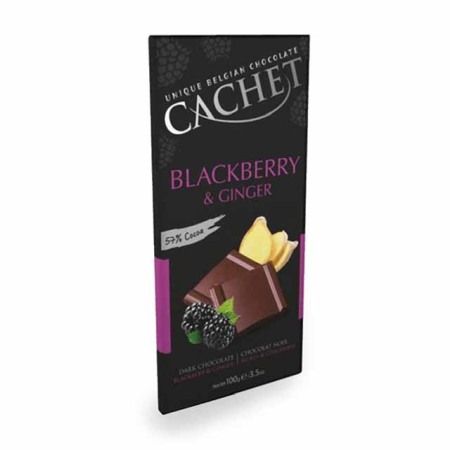 Ciocolate - Cachet ciocolata belgiana neagra 57% cu mure si ghimbir 100g