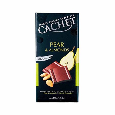 Ciocolate - Cachet ciocolata belgiana neagra 57% cu pere si migdale 100g