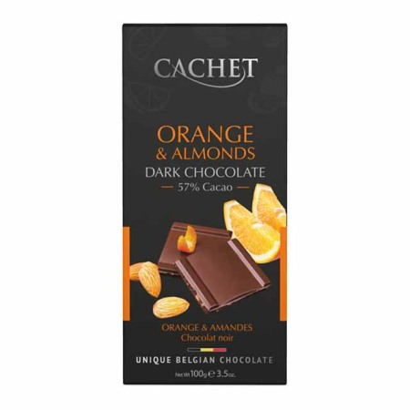 Ciocolate - Cachet ciocolata belgiana neagra 57% cu portocale si migdale 100g