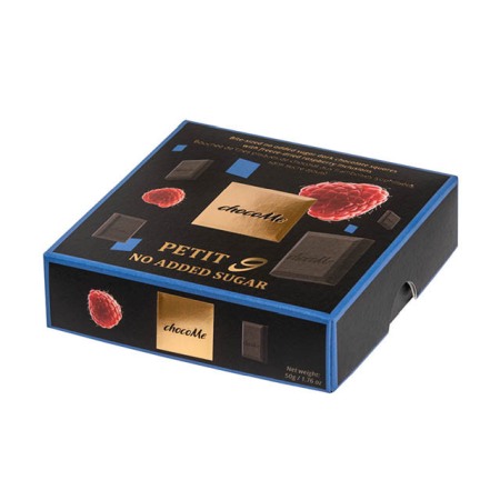 Fără zahăr - ChocoMe Petit 9 - cubulețe de ciocolată neagră, fără zahăr adăugat, umplute cu piure de zmeură