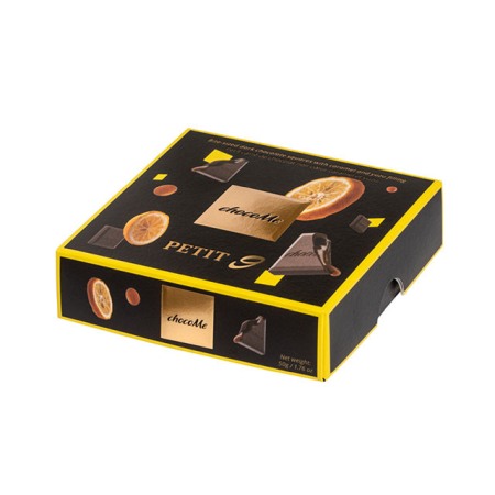 Ciocolate cu fructe - ChocoMe Petit 9 - cubulete de ciocolata neagra umplute cu yuzu si caramel 50g *