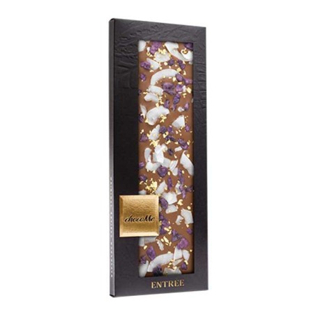 Ciocolată cu aur 23k - Ciocolata artizanala chocoMe cu lapte cu foite de aur 23k, petale de violete, cocos 110g