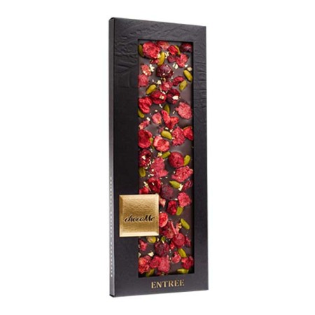 Ciocolată cu aur 23k - Ciocolata artizanala chocoMe neagra cu foite de aur 23k, trandafir, visine, fistic 110g