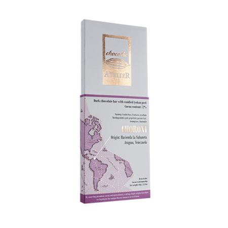 Noutăți - Ciocolată neagră din boabe de cacao originare din Choroni, cu coajă confiată de iyokan 60g