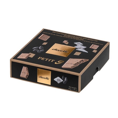 Noutăți - Cubulețe de ciocolată blondă chocoMe Petit 9 - cu sare Maldon și semințe de susan negru 50g