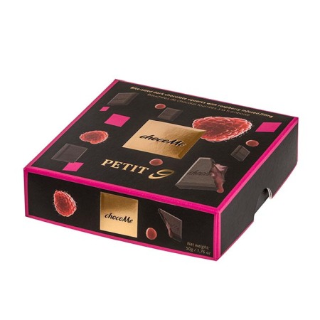 Ciocolate - Cubulete de ciocolata neagra 70% chocoMe Petit 9- cu piure din zmeura 50g