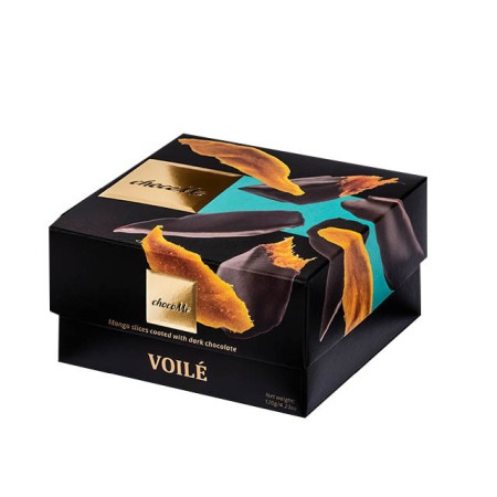 Drajeuri Voile - Praline de ciocolata artizanala ChocoMe Voile din bucati de mango glasate invelite in ciocolata neagra 120g