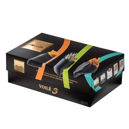 Ciocolate - Selectie  ChocoMe Voile 3 de coaja de portocale, ghimbir și bucăți de mango în ciocolată neagră 135g