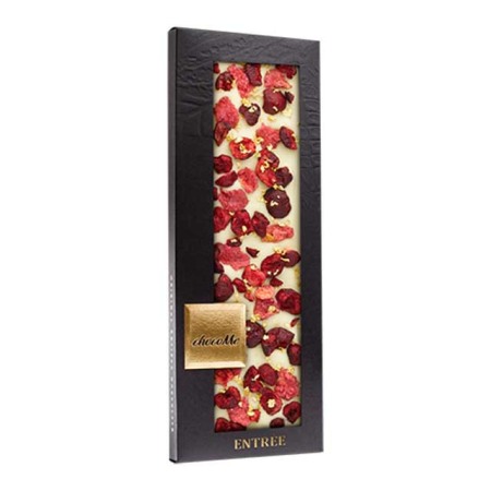 Ciocolată cu aur 23k - Tableta de ciocolata artizanala chocoMe alba cu foite de aur 23k, petale de trandafir, visine 110g