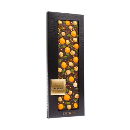 Cu condimente - Tableta de ciocolata artizanala neagra 66% chocoMe  cu alune de padure, picaturi portocale, fistic, praf chili 110g