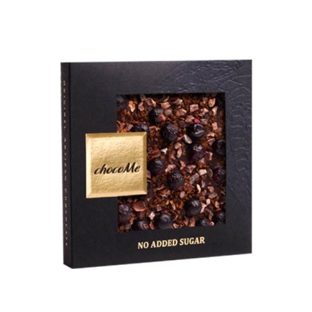 Fără zahăr - Tableta de ciocolata artizanala neagra chocoMe fara zahar adaugat cu boabe de cafea Yirga, boabe de caco si coacaze negre 50g